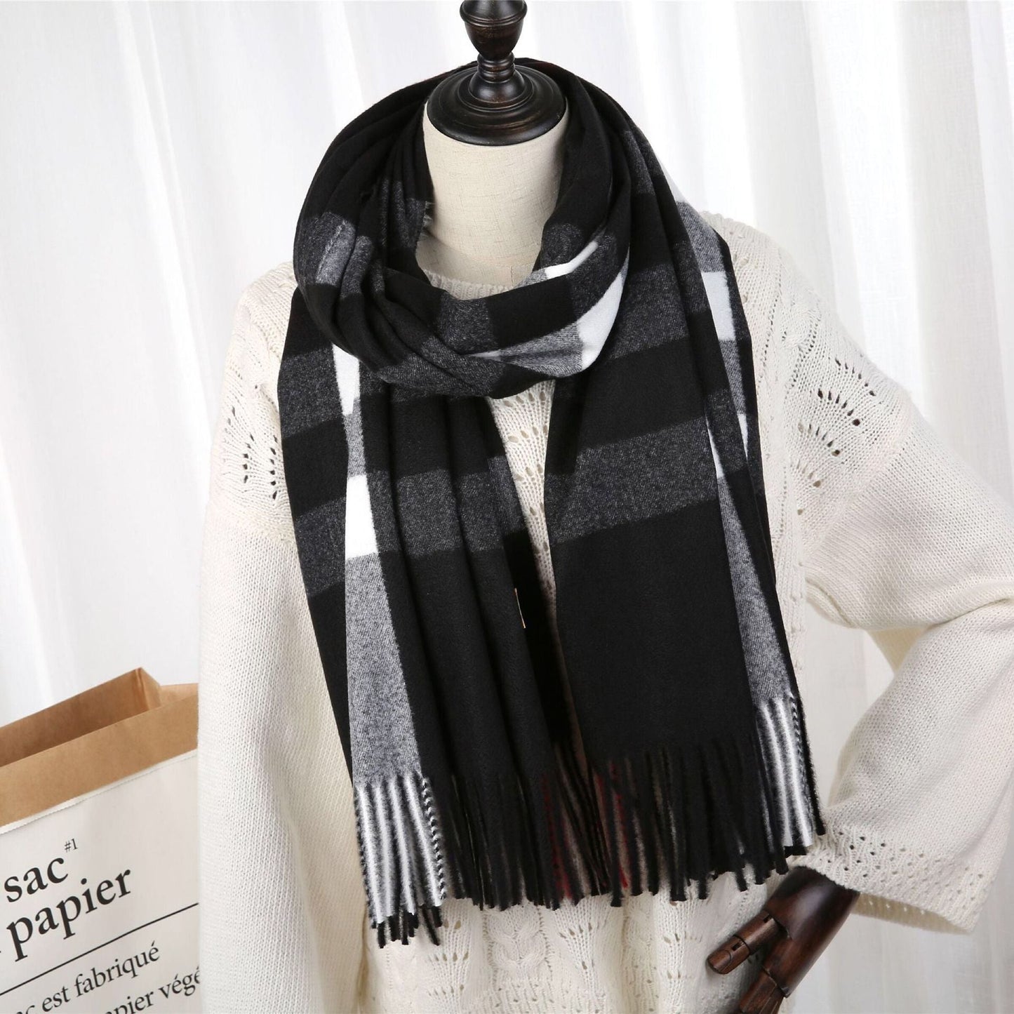 2022 New Checked Cashmere Tassel Scarf