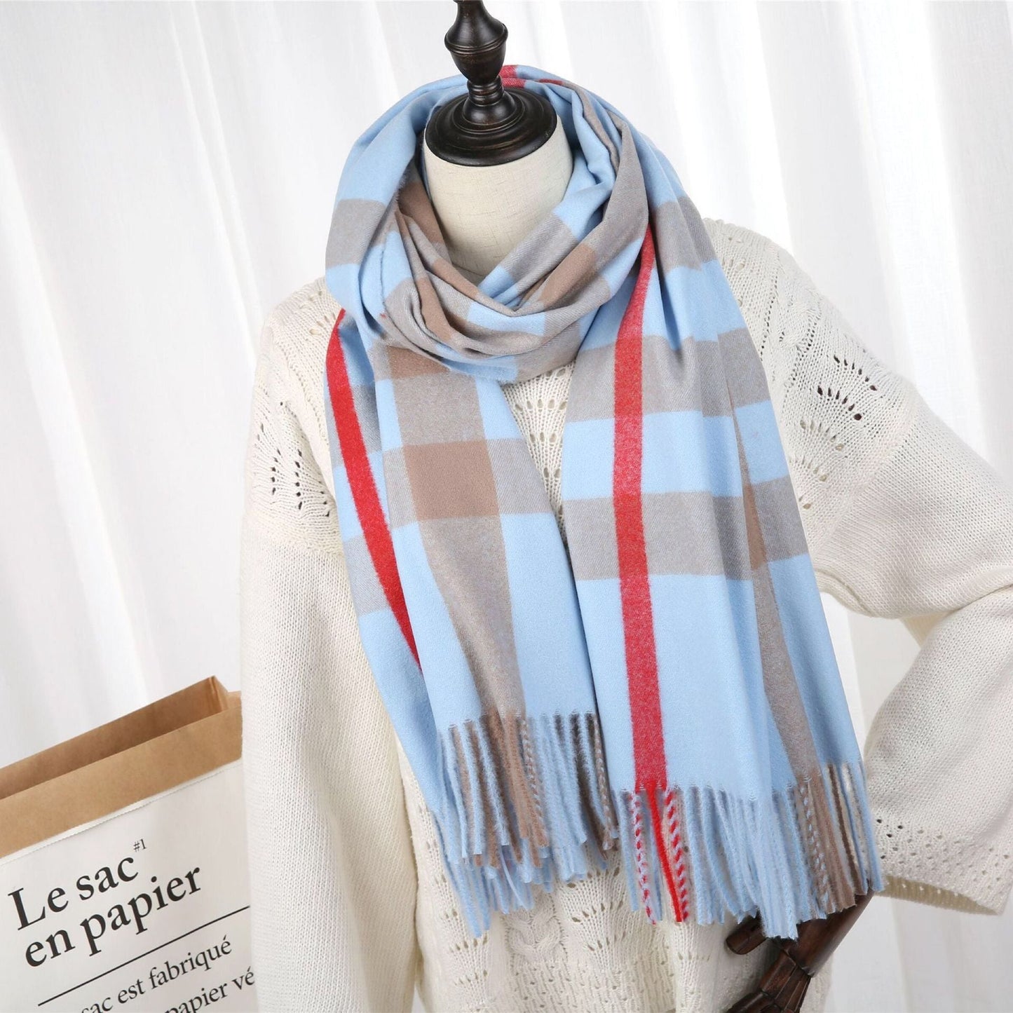 2022 New Checked Cashmere Tassel Scarf