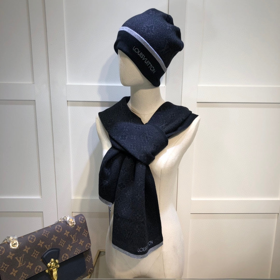 Embroidered Jacquard Monogram Scarf Hat Set